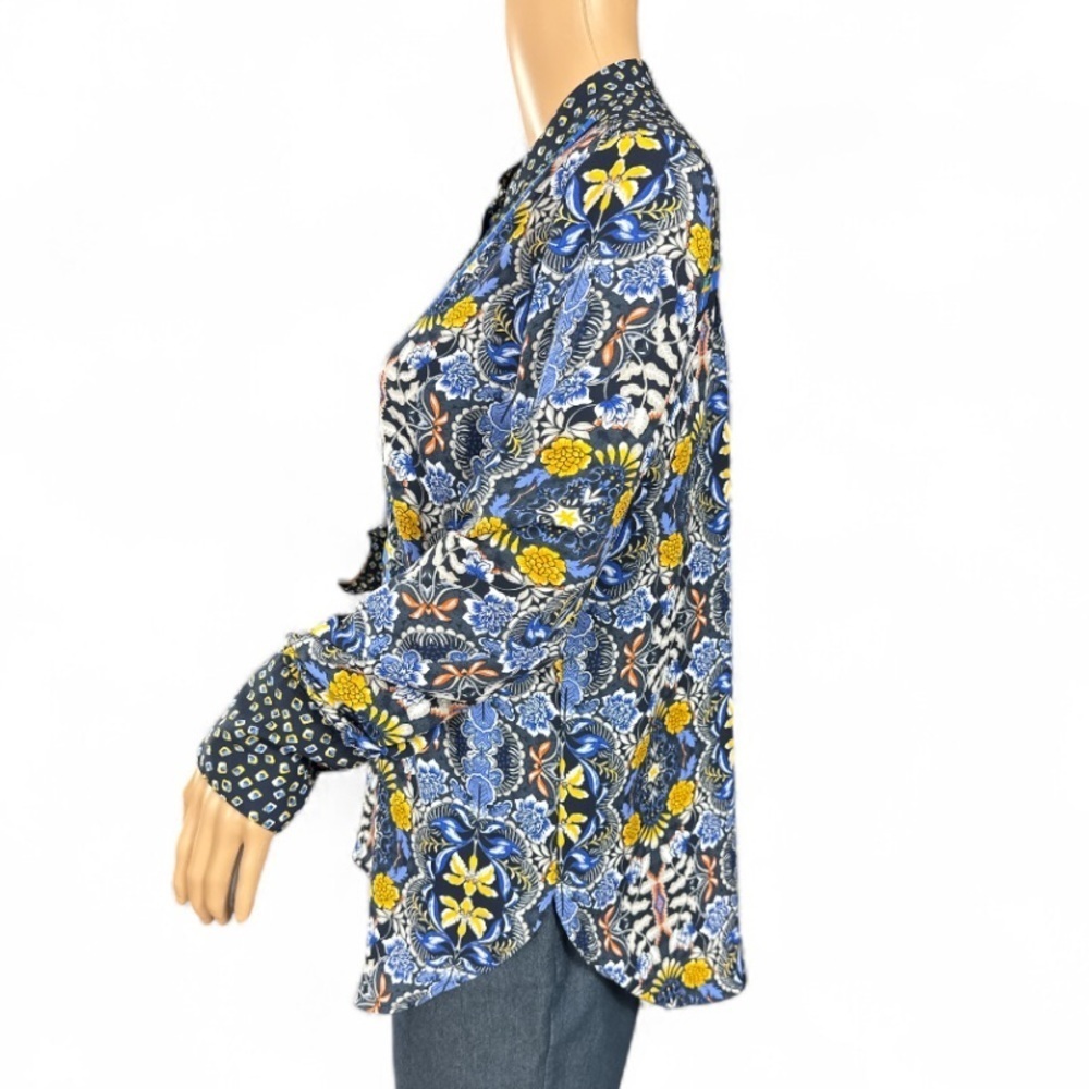 LOFT Autumn Dream Henley Blouse M - Bold Mixed Print, High-Low Hem - Picture 7 of 8